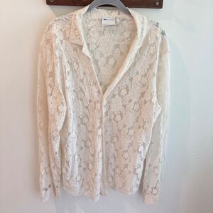 ASOS DESIGN Womens Floral Lace Button Down Shirt Ivory Long Sleeve Sheer Top M